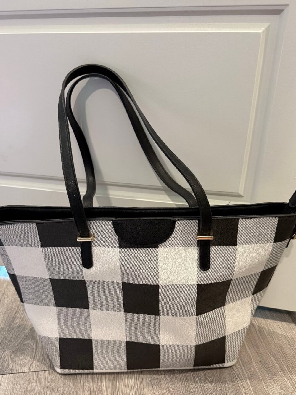 Black and White Checkered Tote Bag with Double Handles